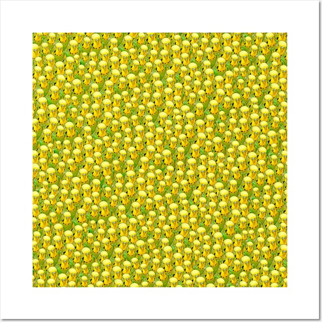 Yellow Budgie Crowd Funny Pattern Wall Art by BirdNerd